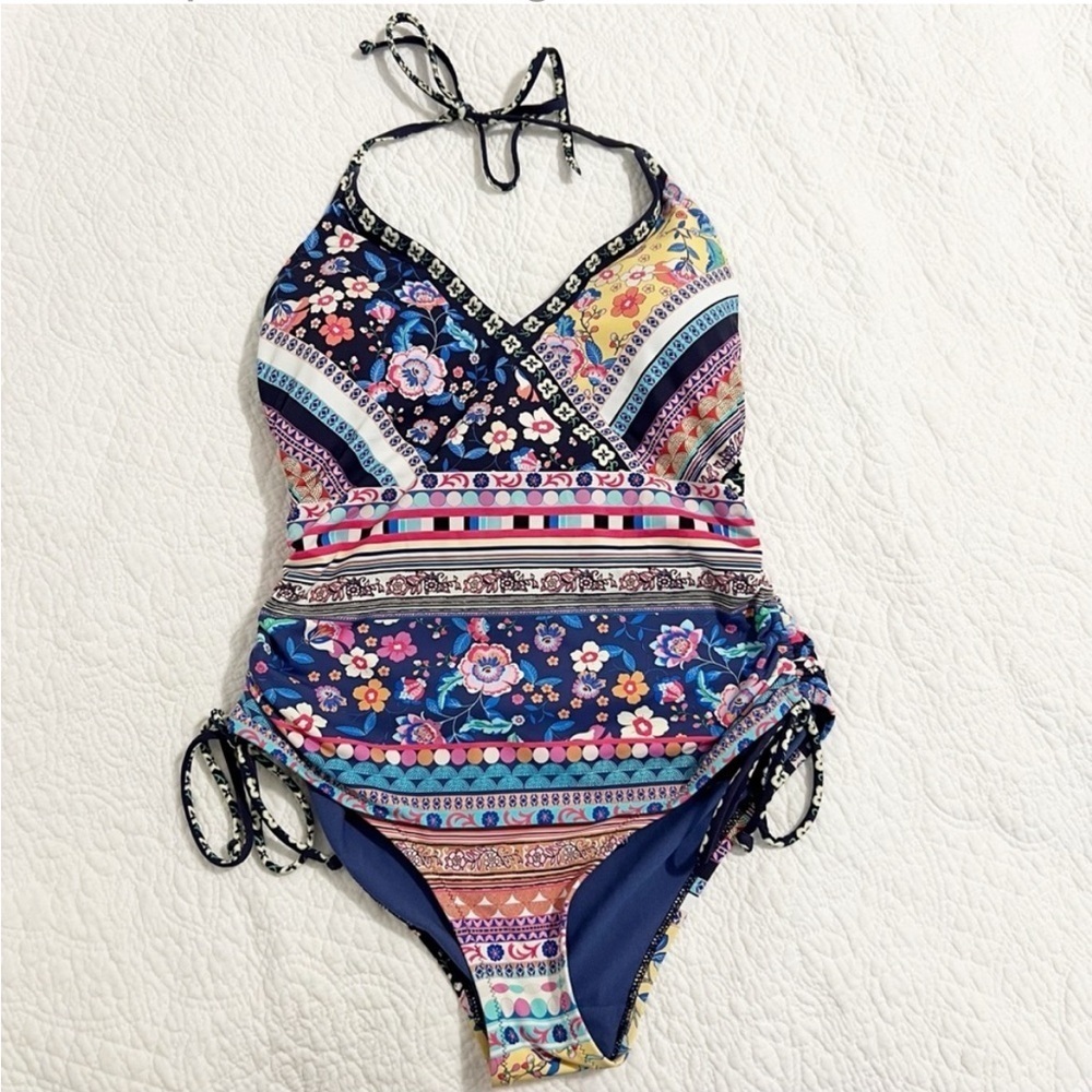 Johnny Was ALAINA SIDE DRAWSTRING ONE PIECE Blue Hatler Swimsuit small S NWT